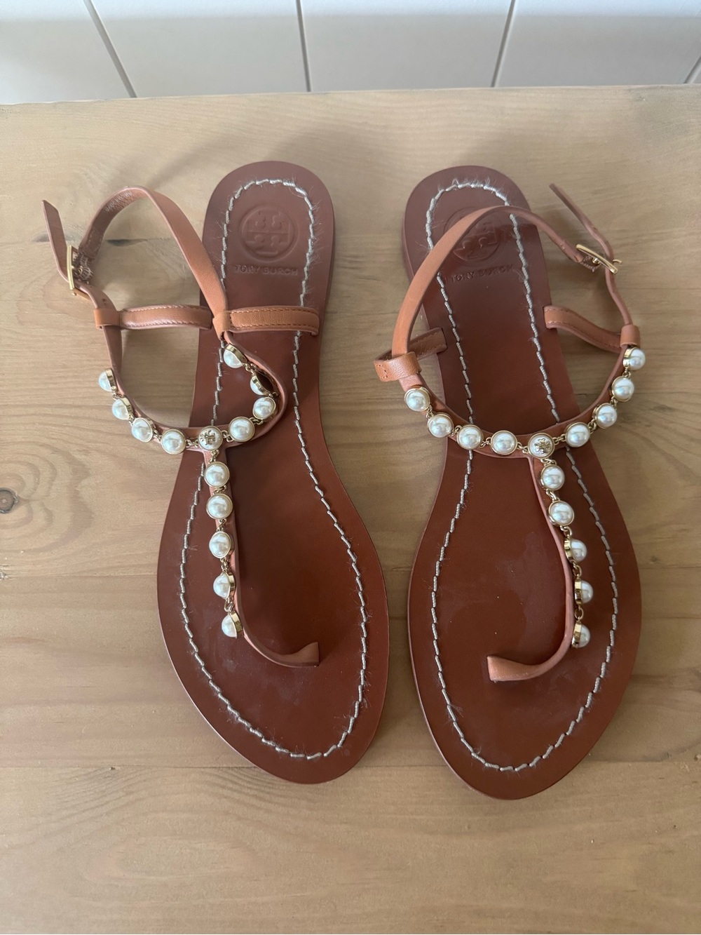 Tory Burch Tan Leather T-Strap Sandals with Pearl Accents